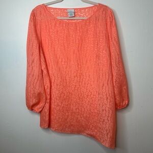 Jaclyn Smith Blouse XXL Coral Orange Textured 3/4 Sleeve Scoop Neck Asymmetrical